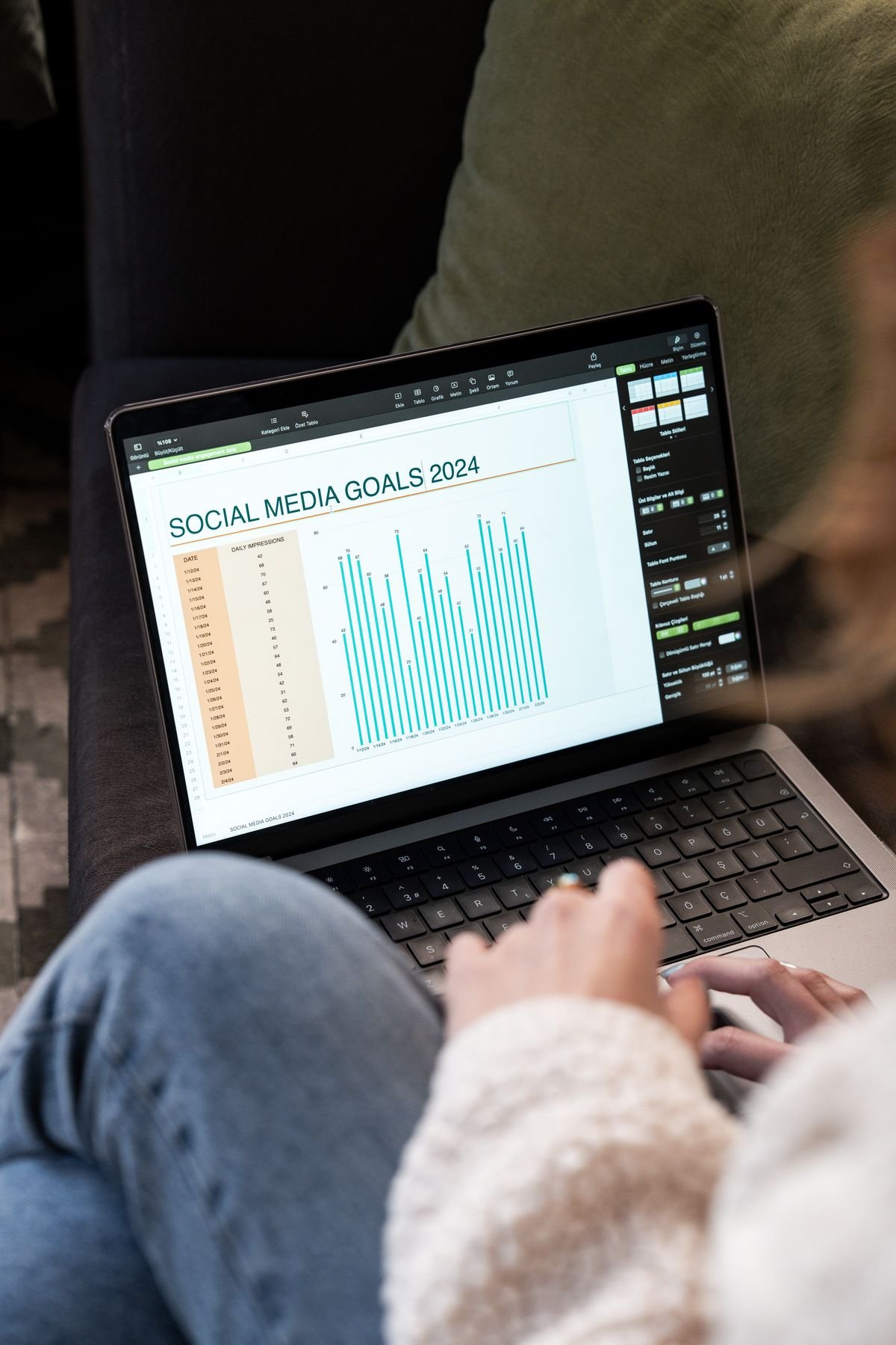Social Media Strategy 3 Social media goals chart displayed on a laptop