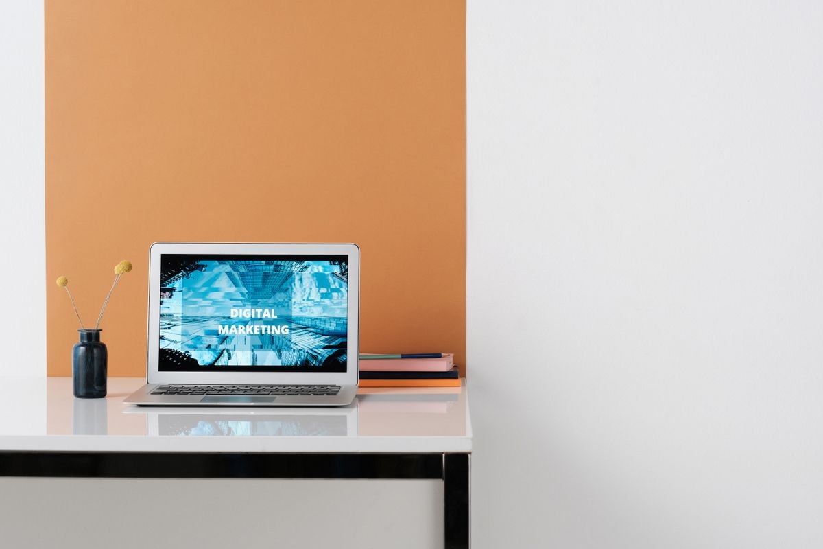 Social Media Management 3 Laptop on desk in a digital marketing workspace