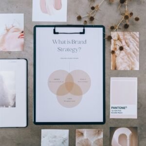 Brand strategy documents on a desk